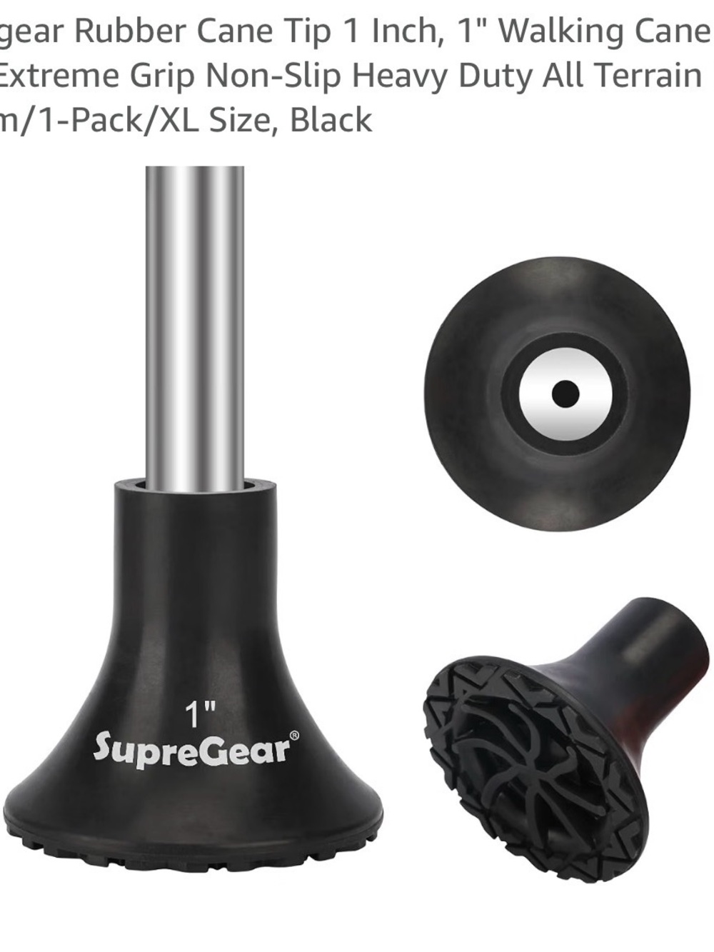 1" Black Rubber Cane Tip - Non-Slip All-Terrain Replacement